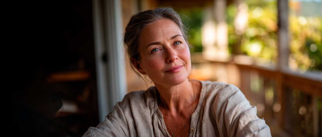 Thoughtful woman sitting on sunlit porch