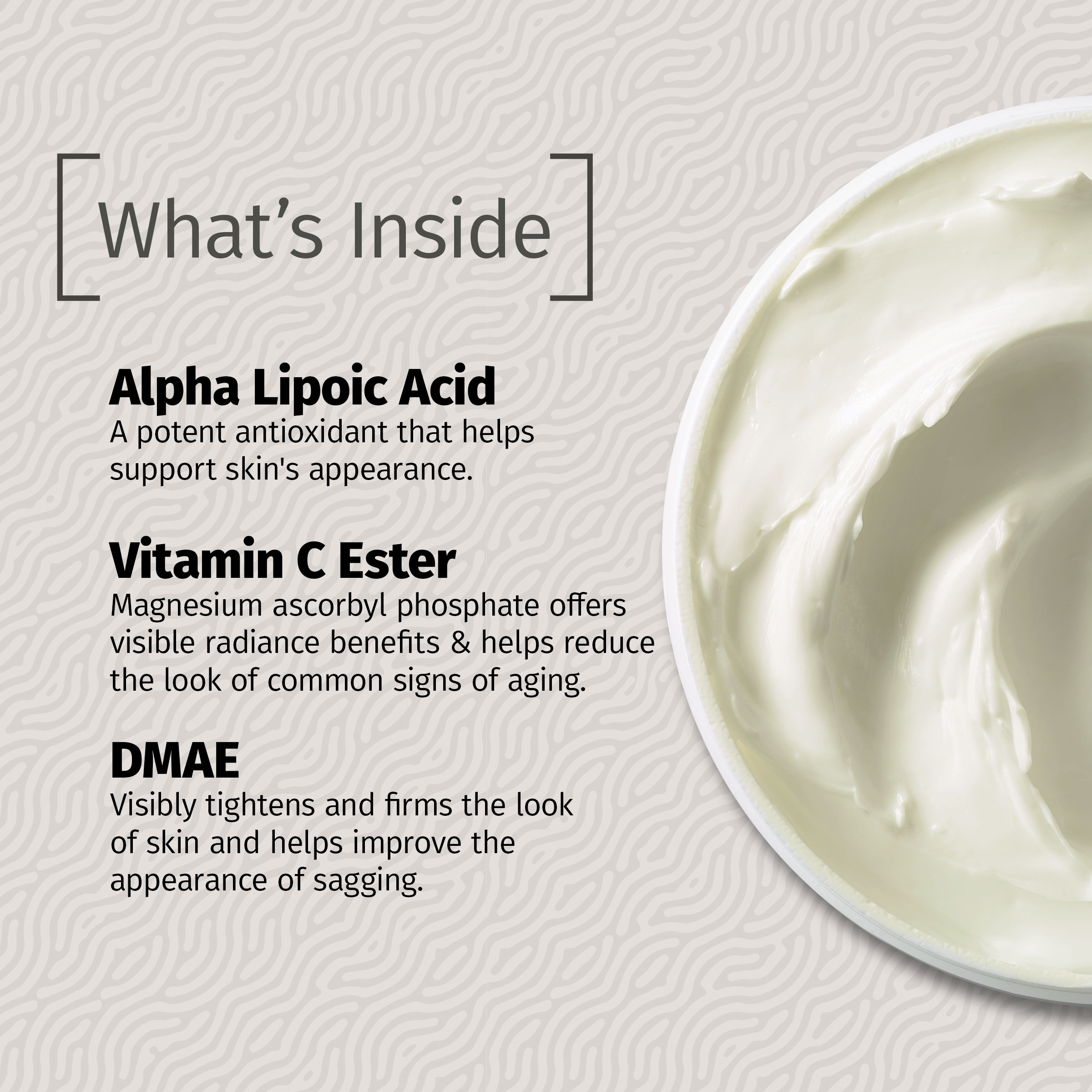 Skincare cream with alpha lipoic acid, vitamin C, and DMAE