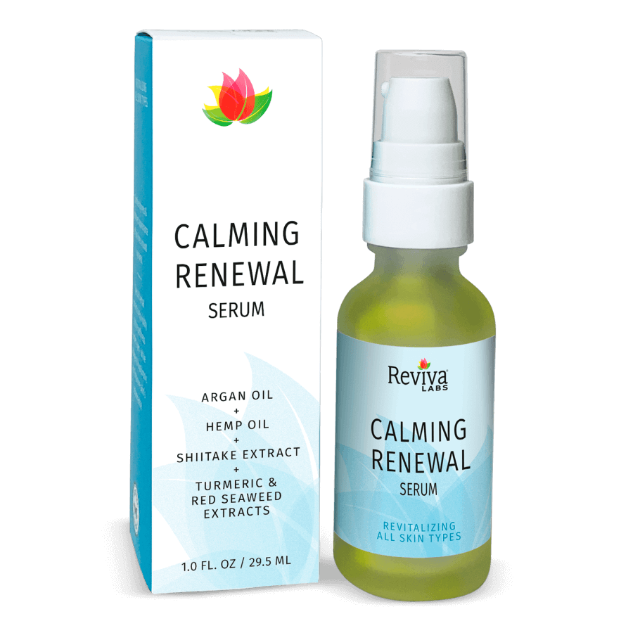 Calming Renewal Serum bottle and box with ingredients.