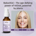 Reviva Labs Bakuchiol Plus Serum bottle with before and after comparison of a woman’s face, showing reduced wrinkles and smoother skin. Text highlights plant-powered retinol alternative for anti-aging.
