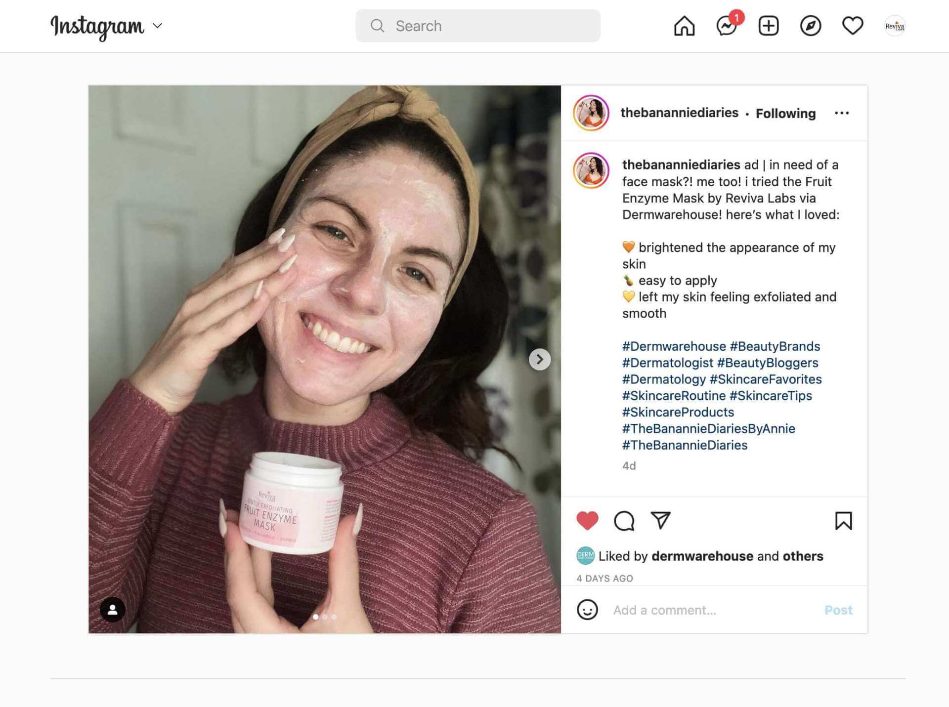 thebananniediaries tried Reviva's Fruit Enzyme Mask and found a lot to