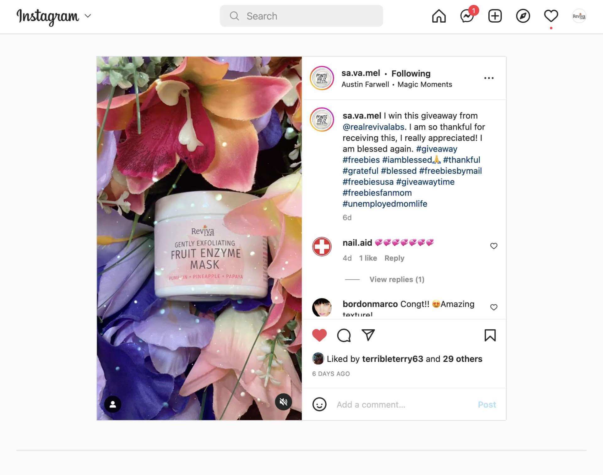 Instagramer sa.va.mel won our Fruit Enzyme Mask Giveaway Reviva Labs