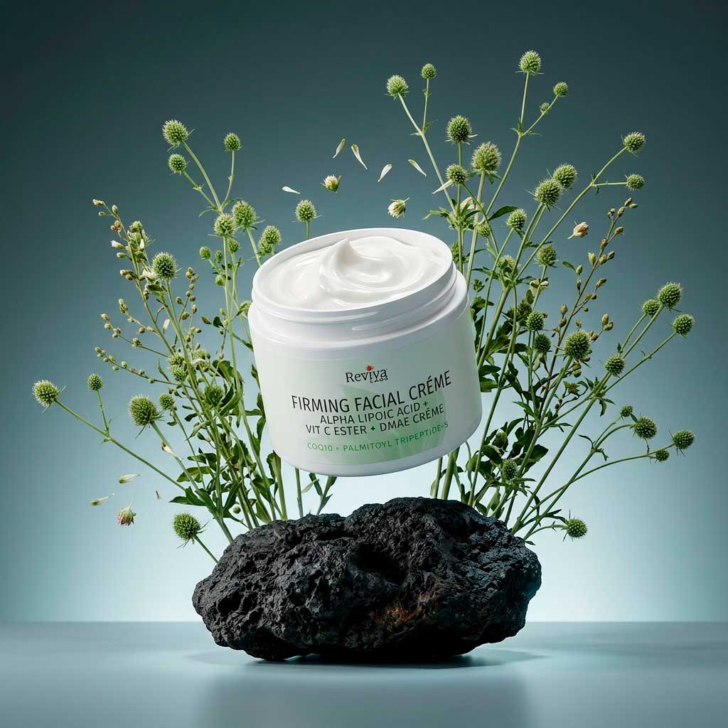 Facial cream jar with plants on rock