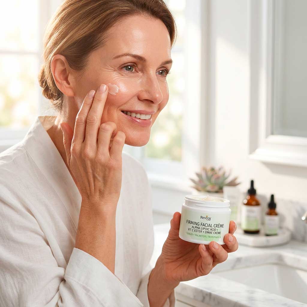 Woman applying facial cream in bathroom.