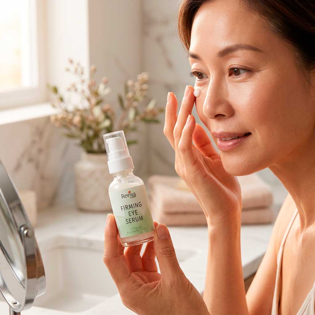 Woman applying eye serum in bathroom