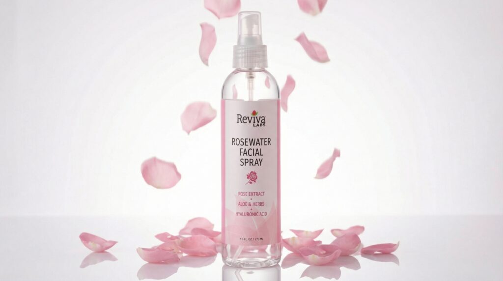 Rosewater on white plexi with rose petals falling