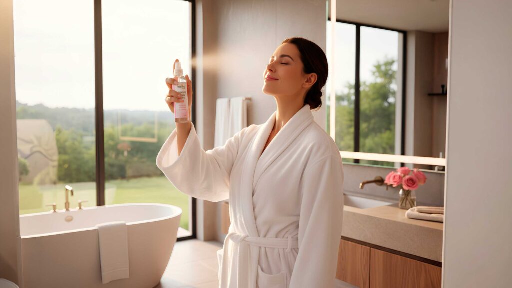 Female in upscale bathroom misting herself with Reviva Labs Rosewater Facial Spray