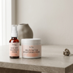 Reviva Labs brightening serum and cream on countertop