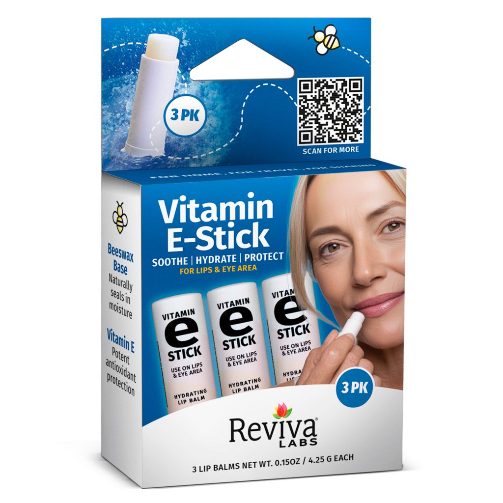 Vitamin E lip balm, soothing and hydrating, 3-pack.