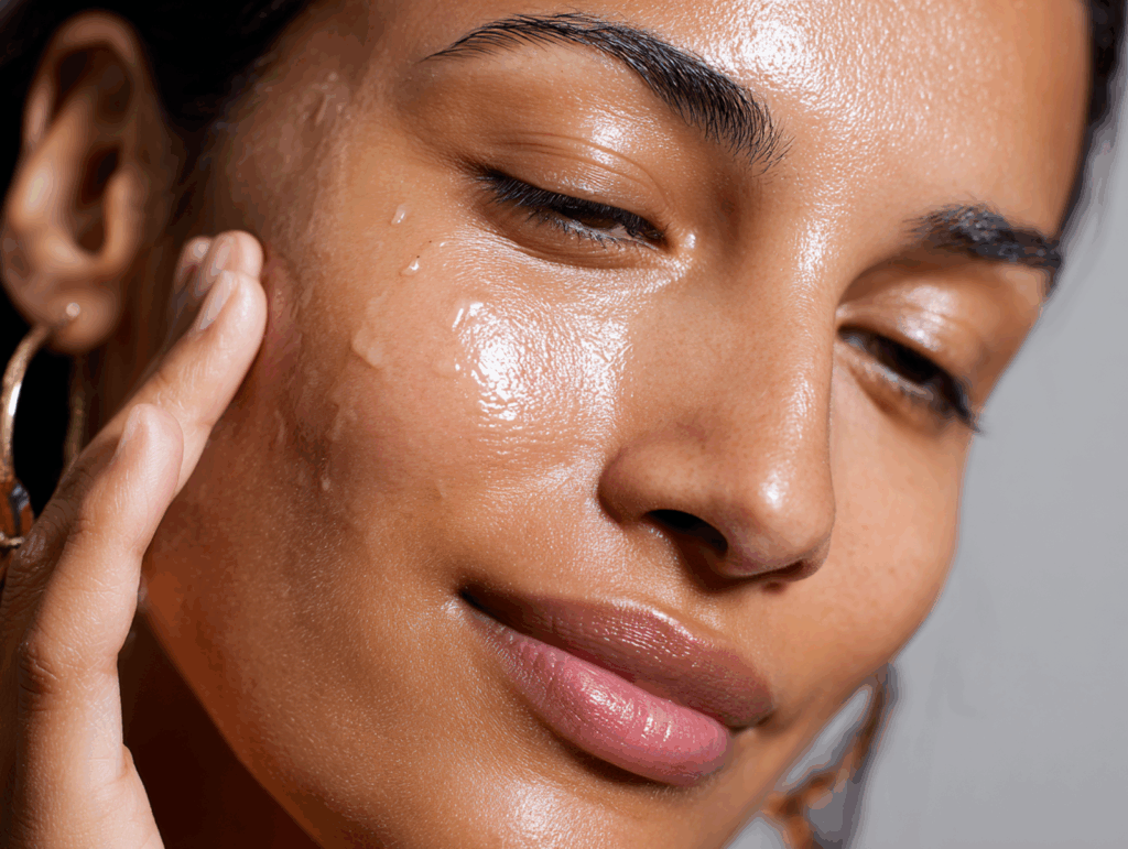 a close up of a dewy cheek being patted with a li 78719c2b e176 4d84 8680 015901d2bb83 3