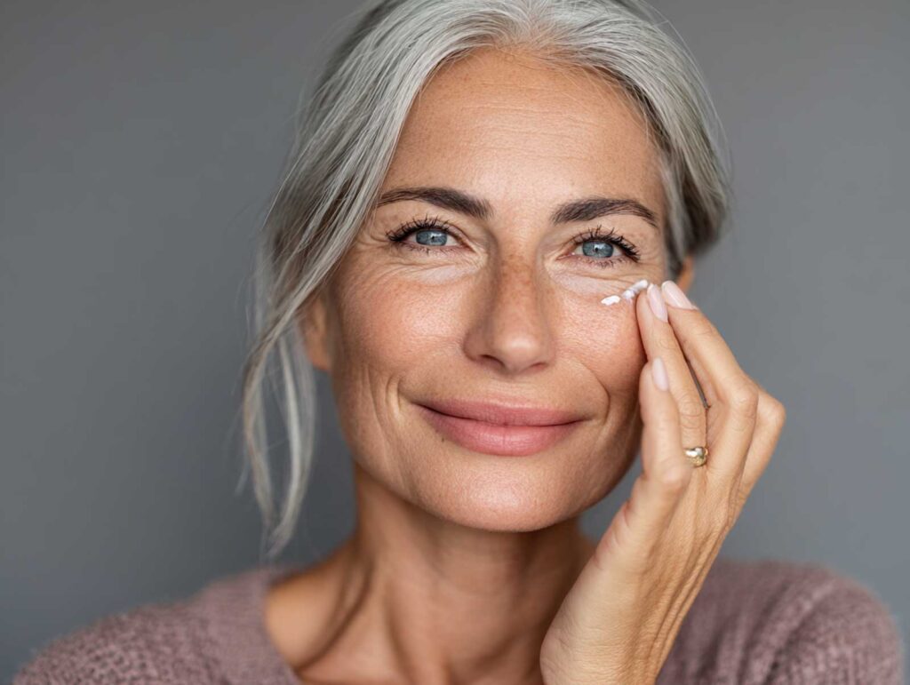 attractive middle aged female using an eye cream b611a555 d4d1 4c8b a7bb c54bb8f5d73a 0