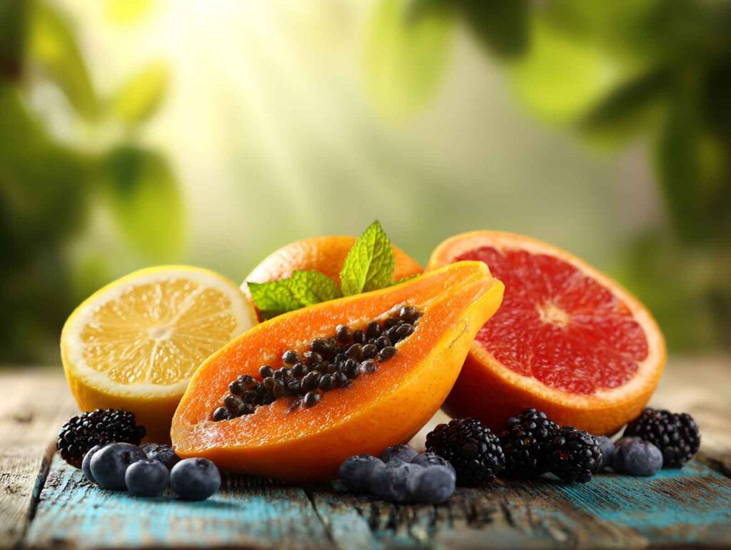 close up of fresh citrus fruits papaya and berrie e49fe86e 2bca 4f7c a850 de381e96f90a 2