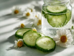 close up of fresh cucumber slices and chamomile f 3ac32650 12d1 4c4c a662 f4452aab8a22 1