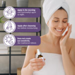 Woman applying Reviva Labs Bakuchiol Plus Serum with usage tips: apply morning and night, after cleansing, safe in sun.