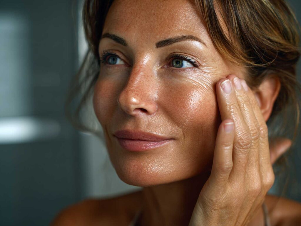 a 48 year old woman massaging a collagen cream up bd9fa779 5f27 475c acbc 3ea30dbbda4b 0