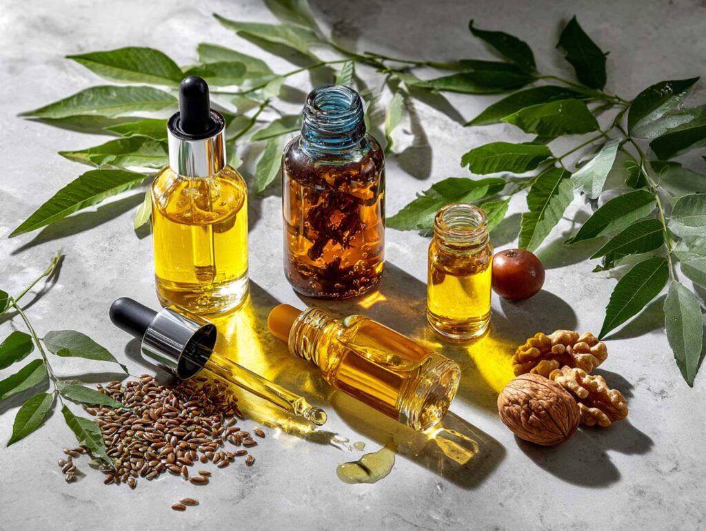 a serene flat lay composition of natural oils and 1ca4ec41 3daa 4c5a a078 34245ba55e9d 2