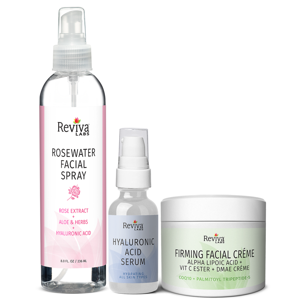Reviva Labs rosewater spray, serum, and facial cream