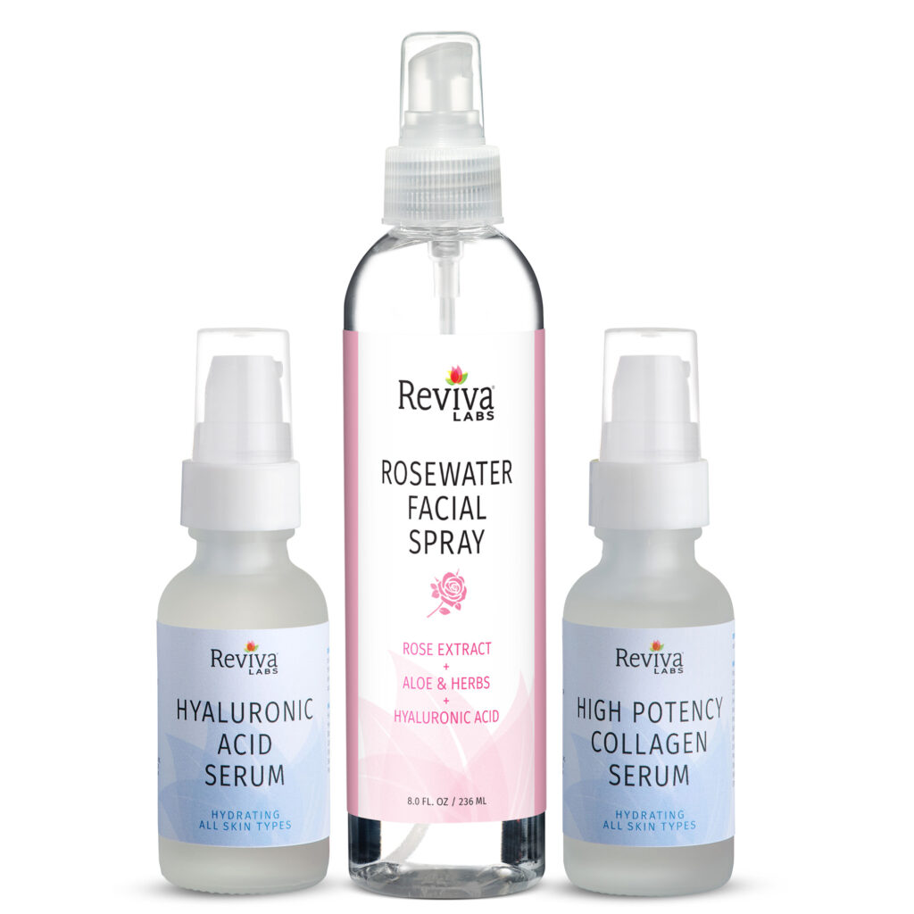 Reviva Labs skincare products: serum and facial spray.