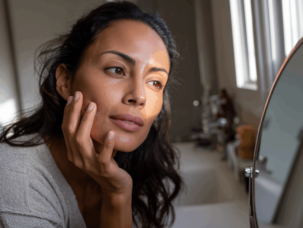 woman leaning toward a vanity mirror during her 5b30a966 b56d 4773 80cb 4bc1b4ba4475 0