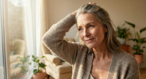 a woman in her late fifties standing near a win 17or7h17or7h17or