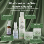 Product lineup of Reviva Labs Skin Renewal Bundle featuring serums, body firming lotion, facial crème, and night cream.
