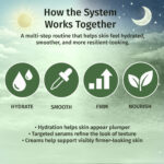 Graphic showing a skincare routine workflow with icons for hydrate, smooth, firm, and nourish, explaining how the system works together.