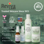 Reviva Labs skincare products displayed with trust badges highlighting cruelty-free, clean formulations, science-backed ingredients, and made in the USA since 1973.