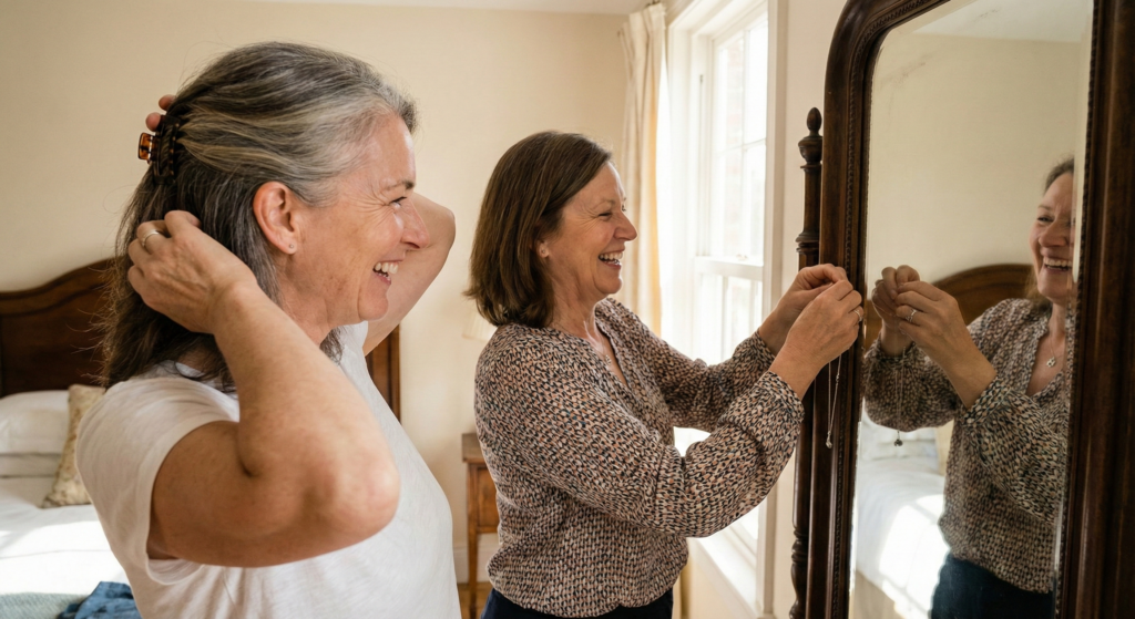 two friends in their fifties sharing a mirror wzf778wzf778wzf7
