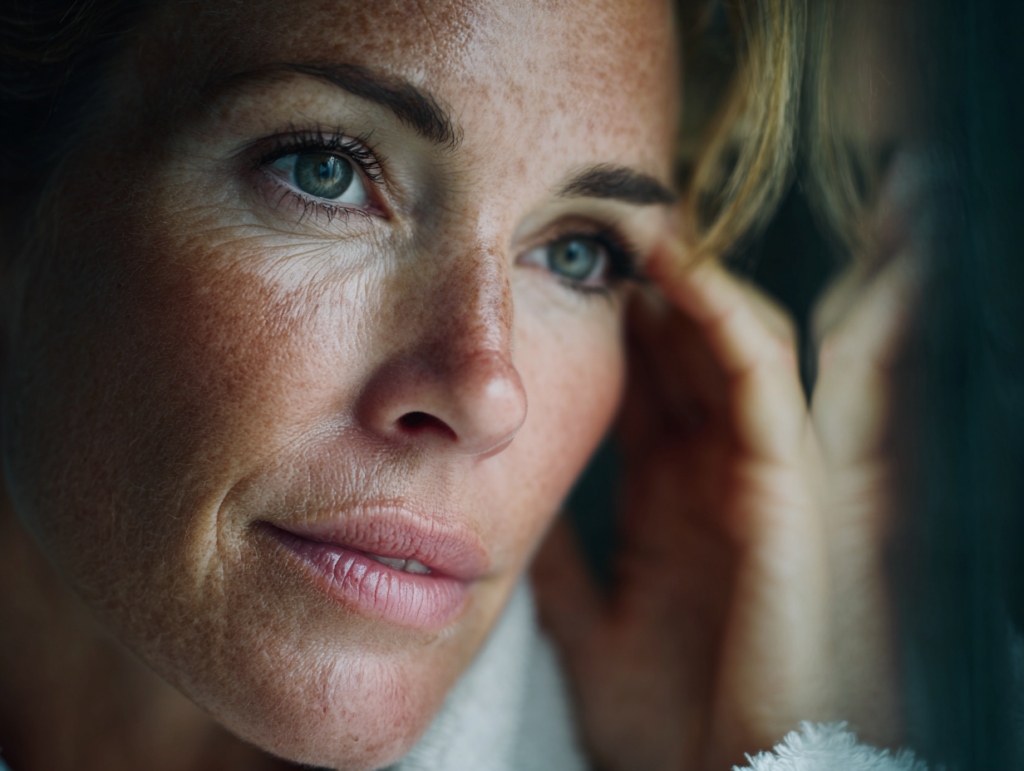 woman in her late forties examining her skin in 48fe9d7e 9e42 42df bedf 83960d10699c 1