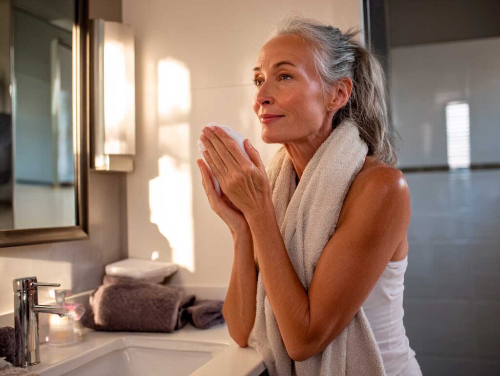 lifestyle bathroom scene woman 45 gently pressi 4bf634e7 47b2 4db5 bdfe 1b1e2884041e 0