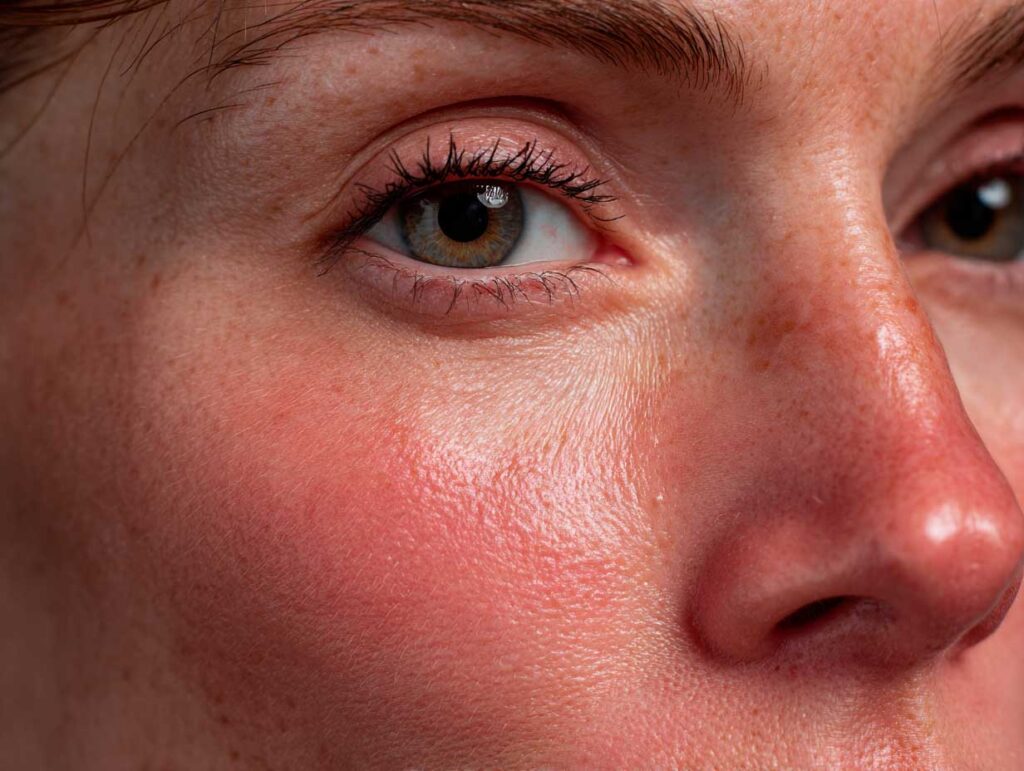 Close-up of a woman's flushed face and eye.