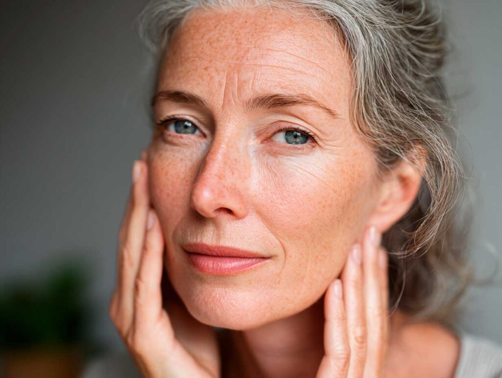 Woman touching face with calm expression