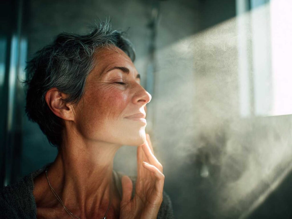 Woman enjoying sunlight on her face.