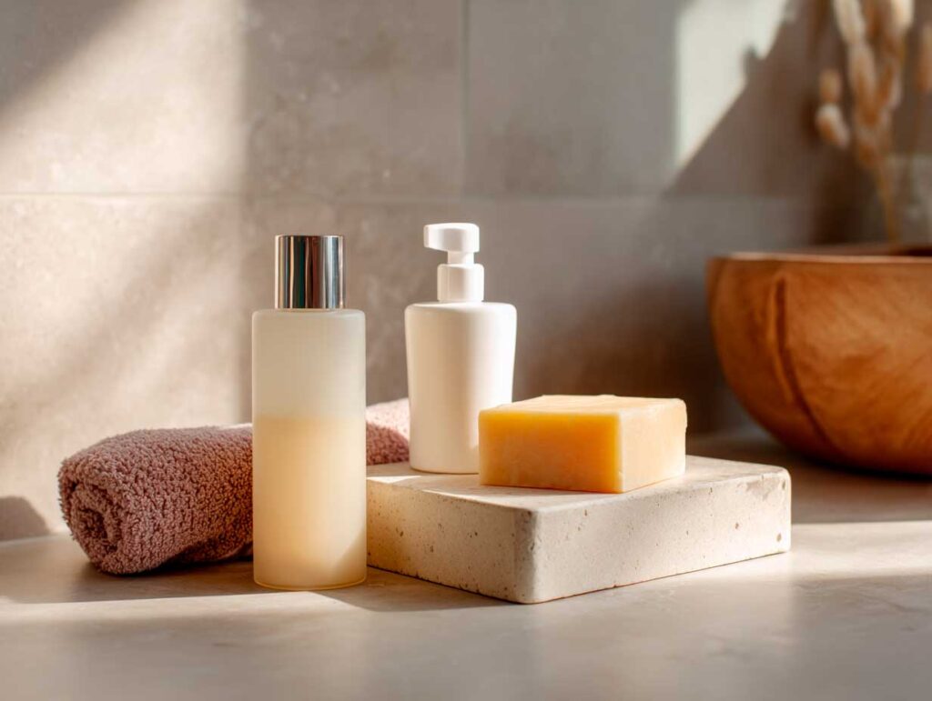Skincare products with towel in a bathroom setting.