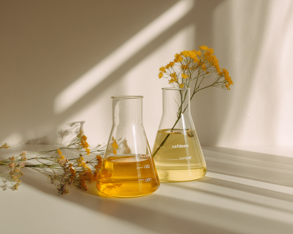 Glass flasks with yellow liquid and flowers.
