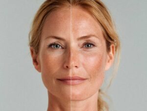 Woman's face showing skincare results comparison.