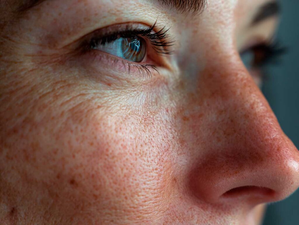 Close-up of eye and skin with freckles.