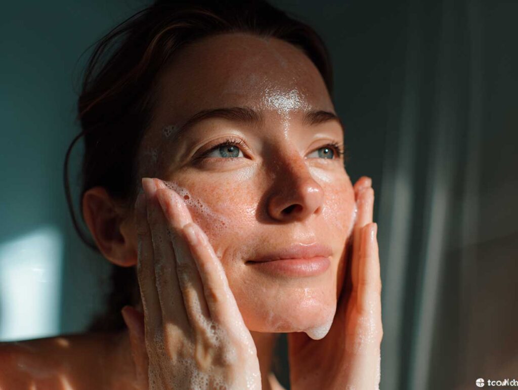 Woman washing face with cleanser