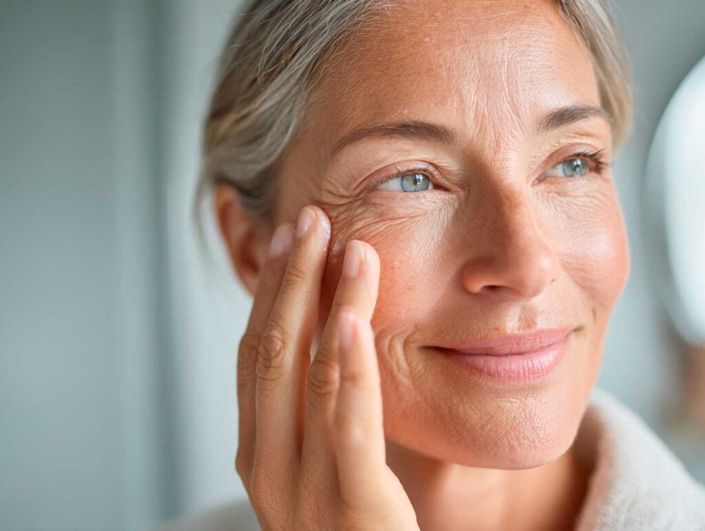 Smiling woman touching her face gently.