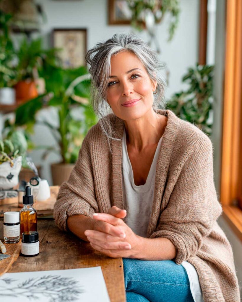 Woman smiling in cozy home office with plants.