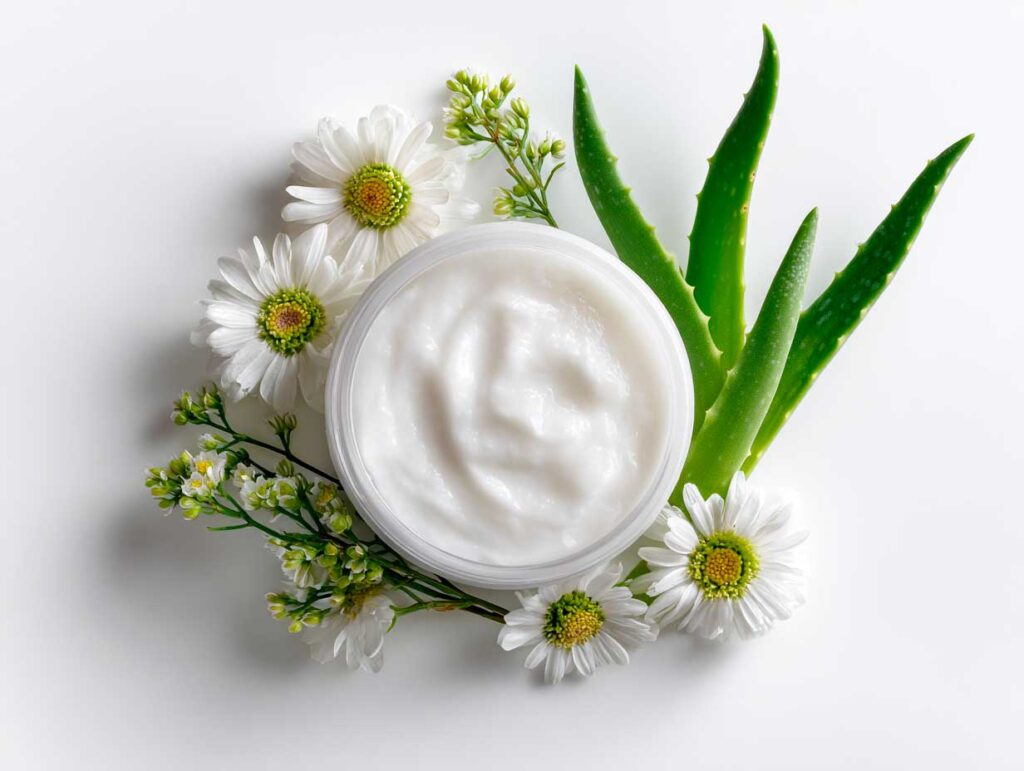 Natural skincare cream with daisies and aloe.