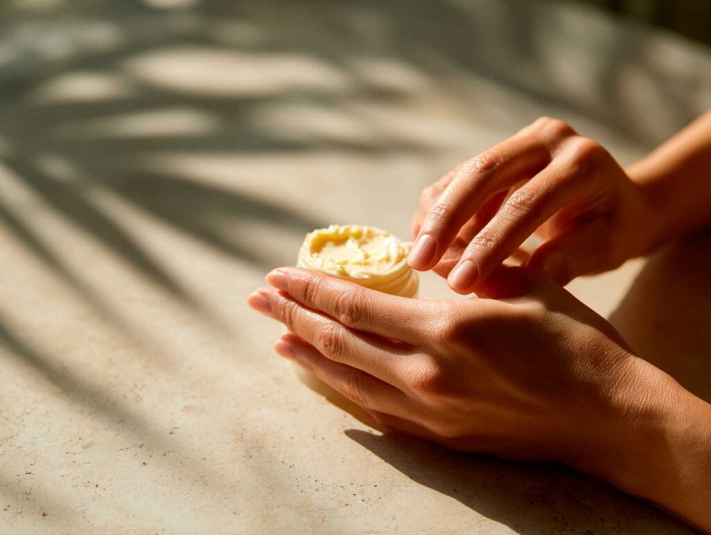 Applying cream in natural light setting