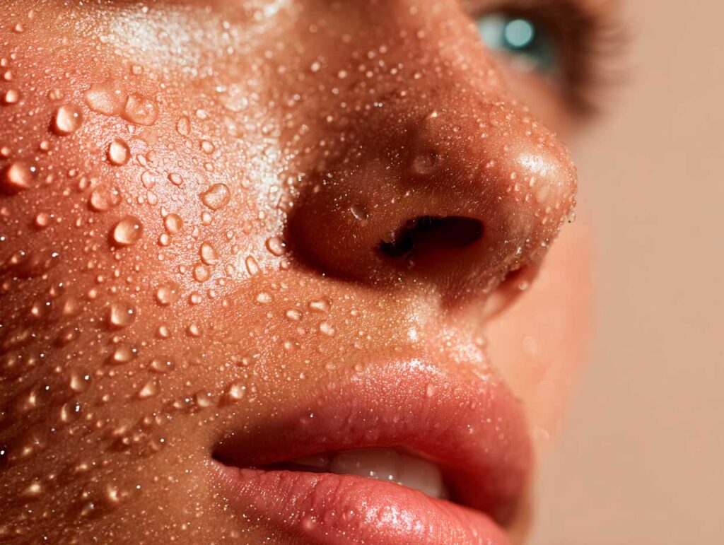 Close-up of face with water droplets on skin.