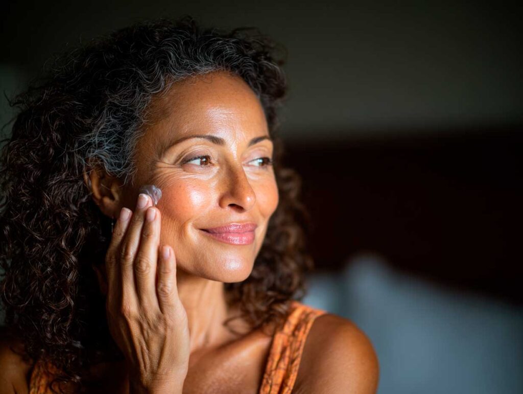 Woman applying face cream, smiling gently.