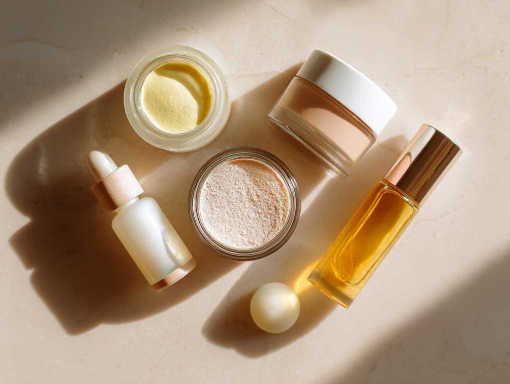 Assorted skincare products in sunlight on marble surface.