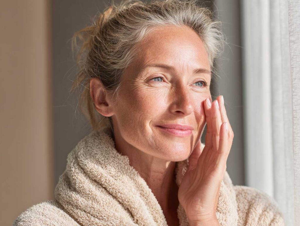 Woman applying skincare product, wearing bathrobe.