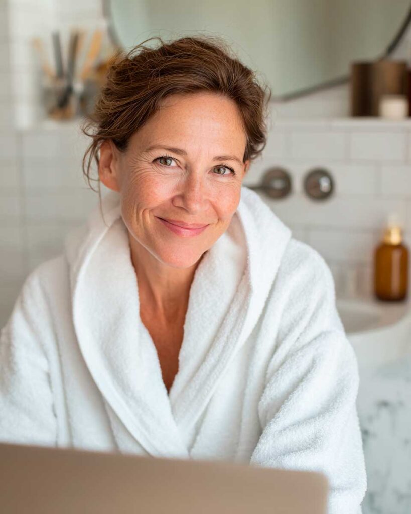 Smiling woman in white bathrobe, bathroom background.