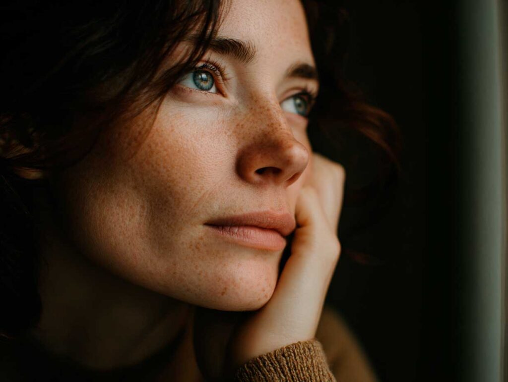 Thoughtful person gazing out window