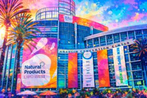 Colorful expo west banners at Anaheim Convention Center.