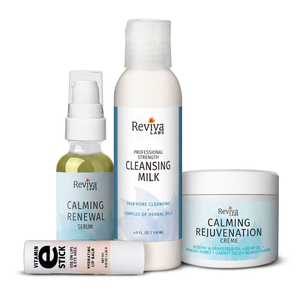 Reviva Labs skincare products: serum, cleansing milk, creme, stick.